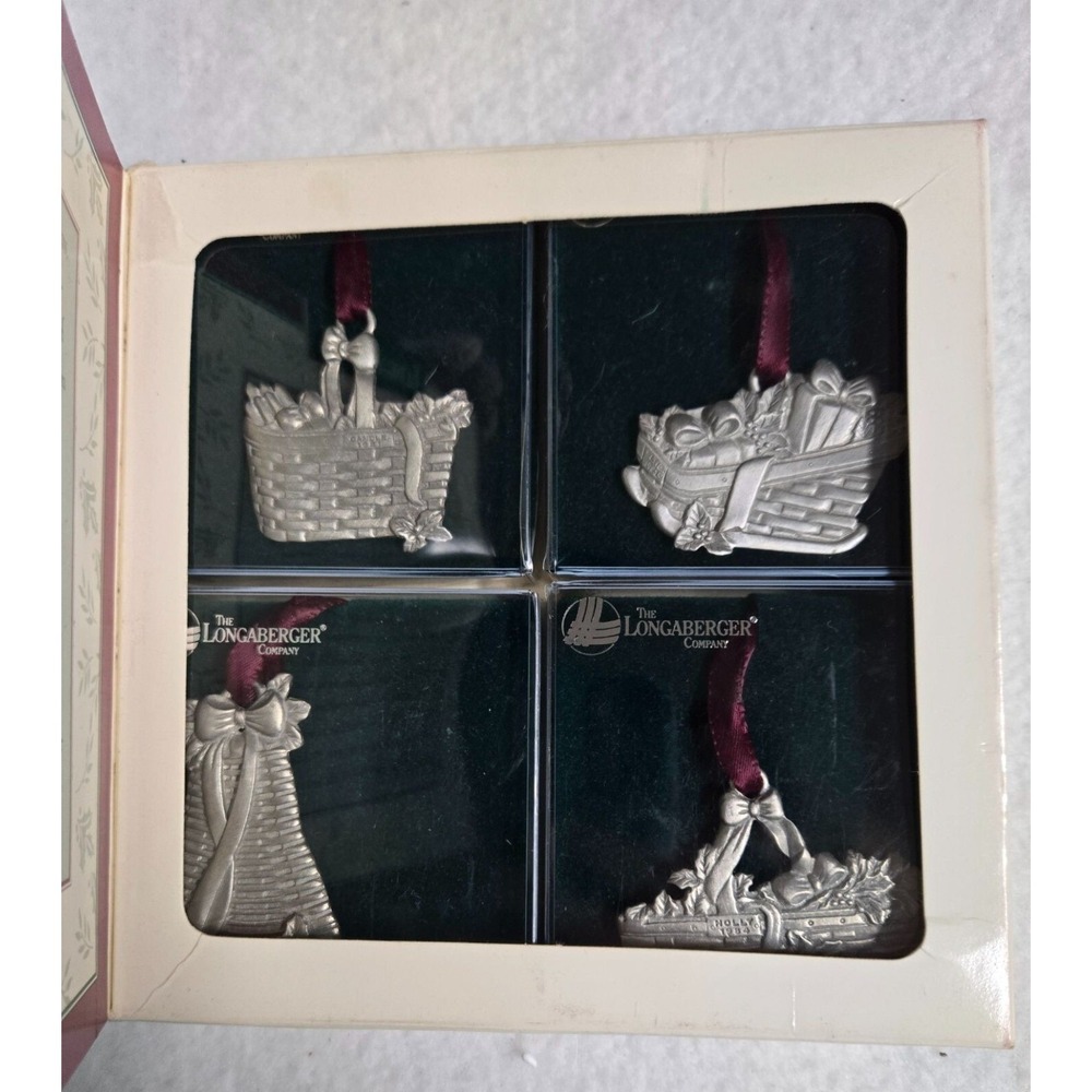Longaberger Pewter Basket Ornaments Set‎ of 4 Christmas in Box Unused Vintage